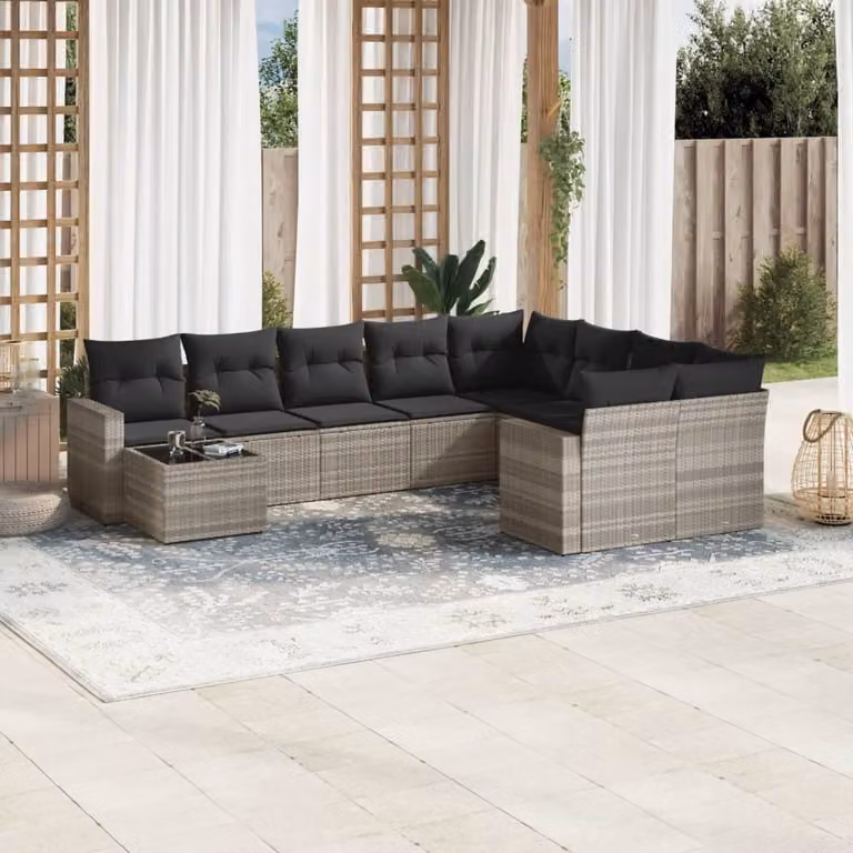 Set Divano da Giardino vidaXL 10 Pezzi in Polyrattan con Cuscini Grigio Chiaro