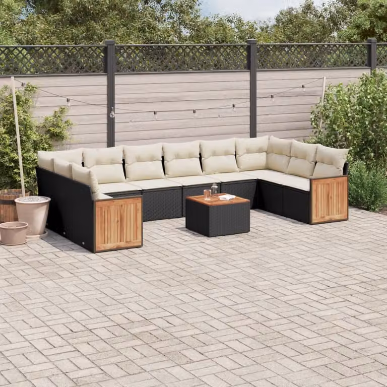 vidaXL Set Divani da Giardino a L 11 pz in Polyrattan Nero con Cuscini e Tavolino