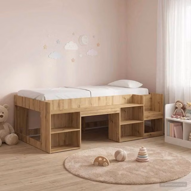 Letto Singolo Rialzato per Bambini vidaXL con Ripostiglio Laterale in Legno Rovere e Marrone L/P/H: 203 x 90 x 118,5 cm – 1