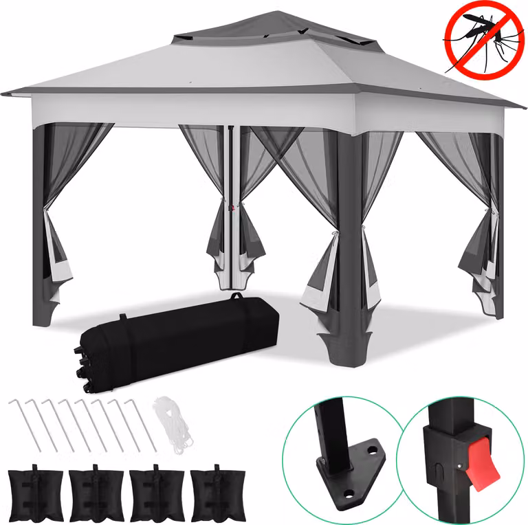 Clanmacy Gazebo pieghevole pop-up 3,3x3,3x2,7 m con ombrellone, zanzariera, borsa per il trasporto, sacchi di sabbia, protezione UV e doppio tetto con fori di ventilazione - grigio