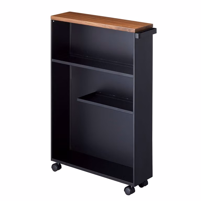 Yamazaki Scaffale da bagno Carrello da bagno Scaffale in metallo Ripiano nero moderno con rotelle Tower 04307