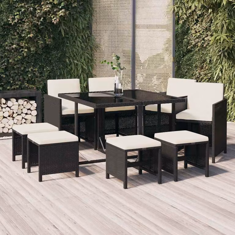 Set da pranzo da giardino vidaXL in polyrattan nero con 9 pezzi e cuscini