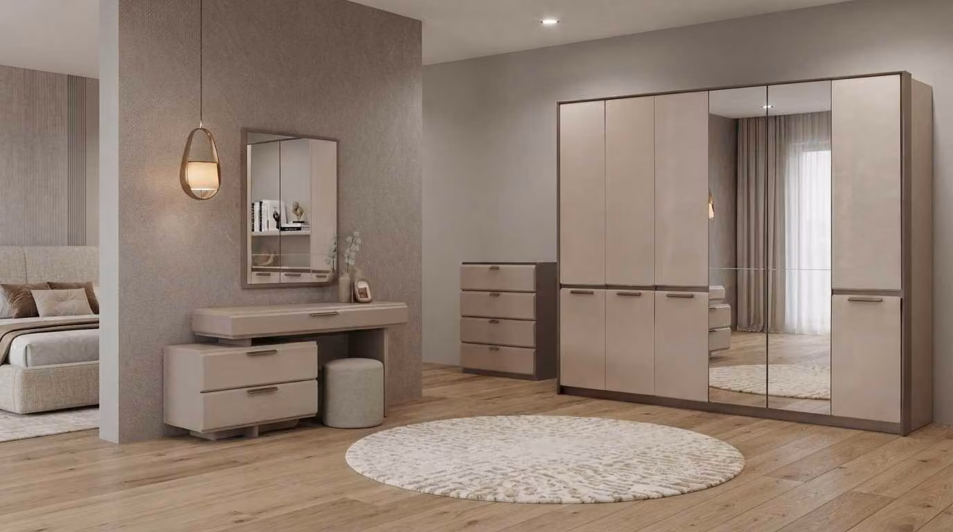 Armadio, tavolino da trucco, cassettiera, sgabello, beige, moderno, elegante, set