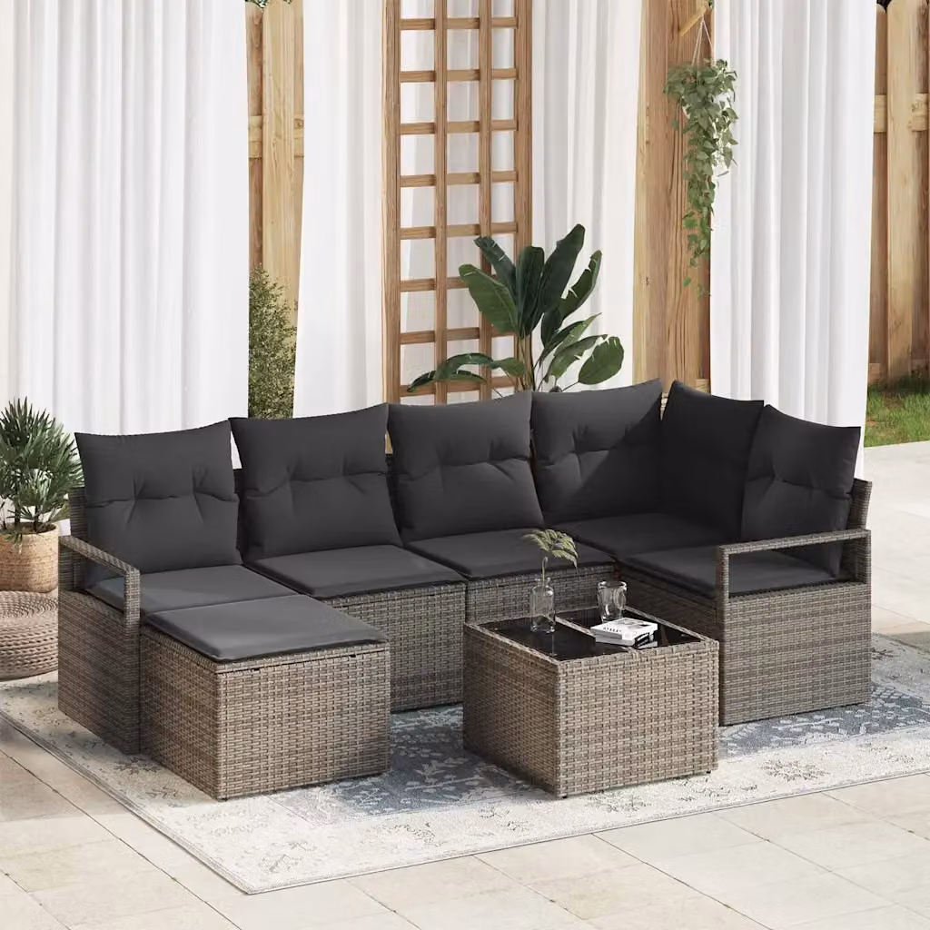 Set di divani da giardino vidaXL 7 pezzi in rattan grigio con cuscini e tavolino da esterno – 1