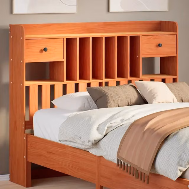 Testiera per letto con ripiani integrati vidaXL in legno di pino massiccio, colore marrone cera, L: 141 cm, H: 110 cm, P: 23 cm