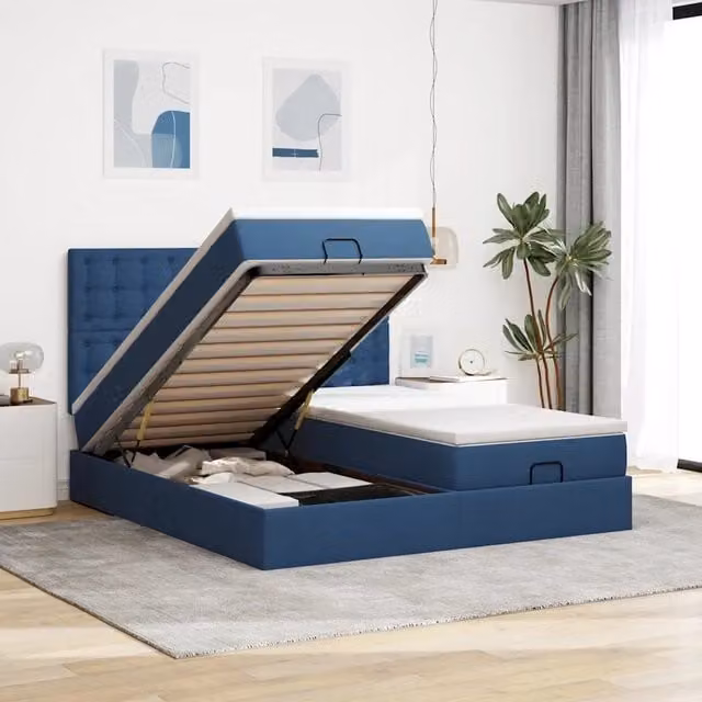 Letto con contenitore a sollevamento e illuminazione sottostante vidaXL, Blu e Bianco, L 200 x P 200 x H 280 cm – 1