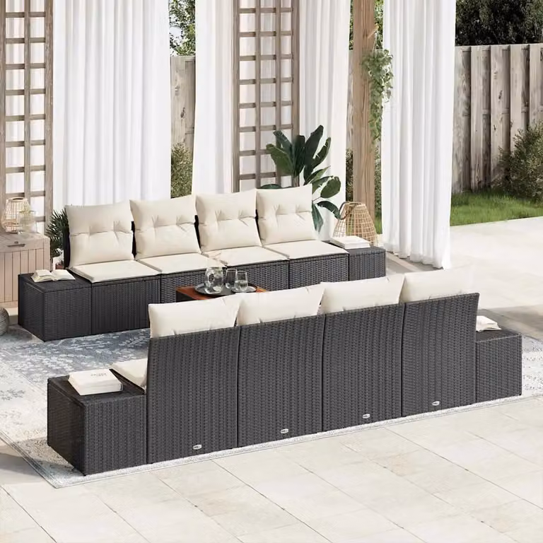 Set Divano da Giardino vidaXL in Polyrattan Nero con Cuscini e Tavolino da Esterno