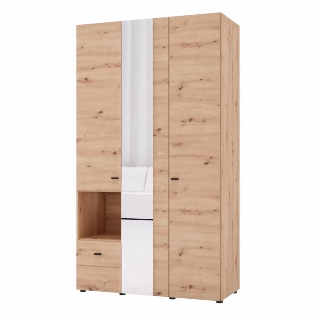 Armadio da camera da letto DMORA Patzcu con ante a battente, specchio e cassetti integrati, Marrone Rovere e Nero, L: 117 cm, P: 52 cm, H: 208 cm – 2