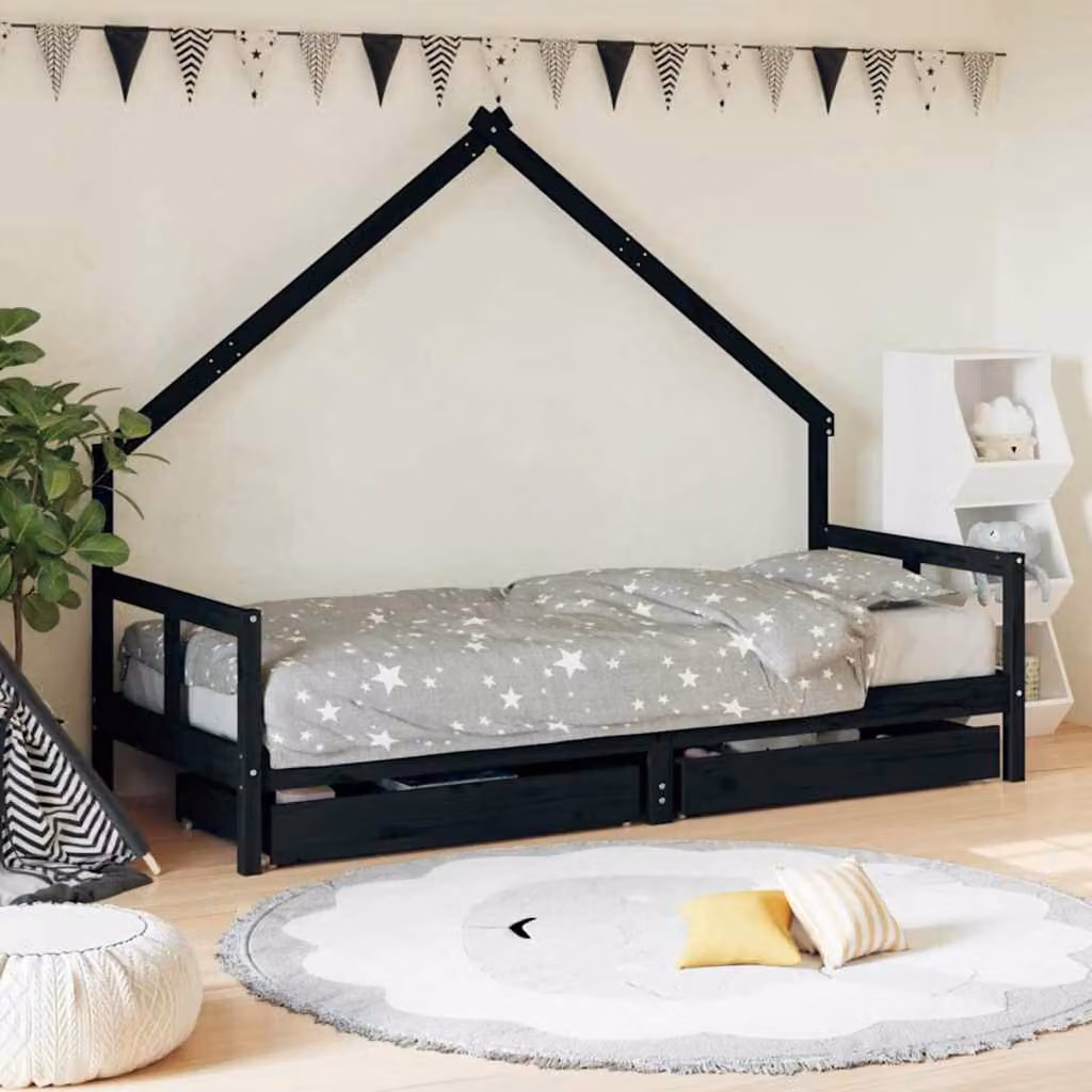 vidaXL Giroletto per bambini in legno di pino massello con cassetti, Nero, L 200 x P 80 cm – 1