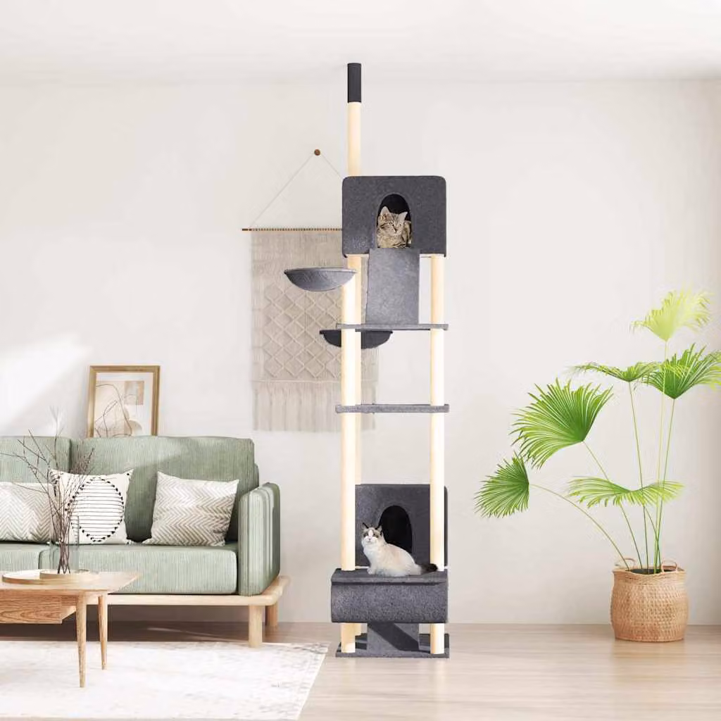 Albero per gatti vidaXL con amaca e cuccia in sisal e legno, Grigio, Altezza: 277-303 cm