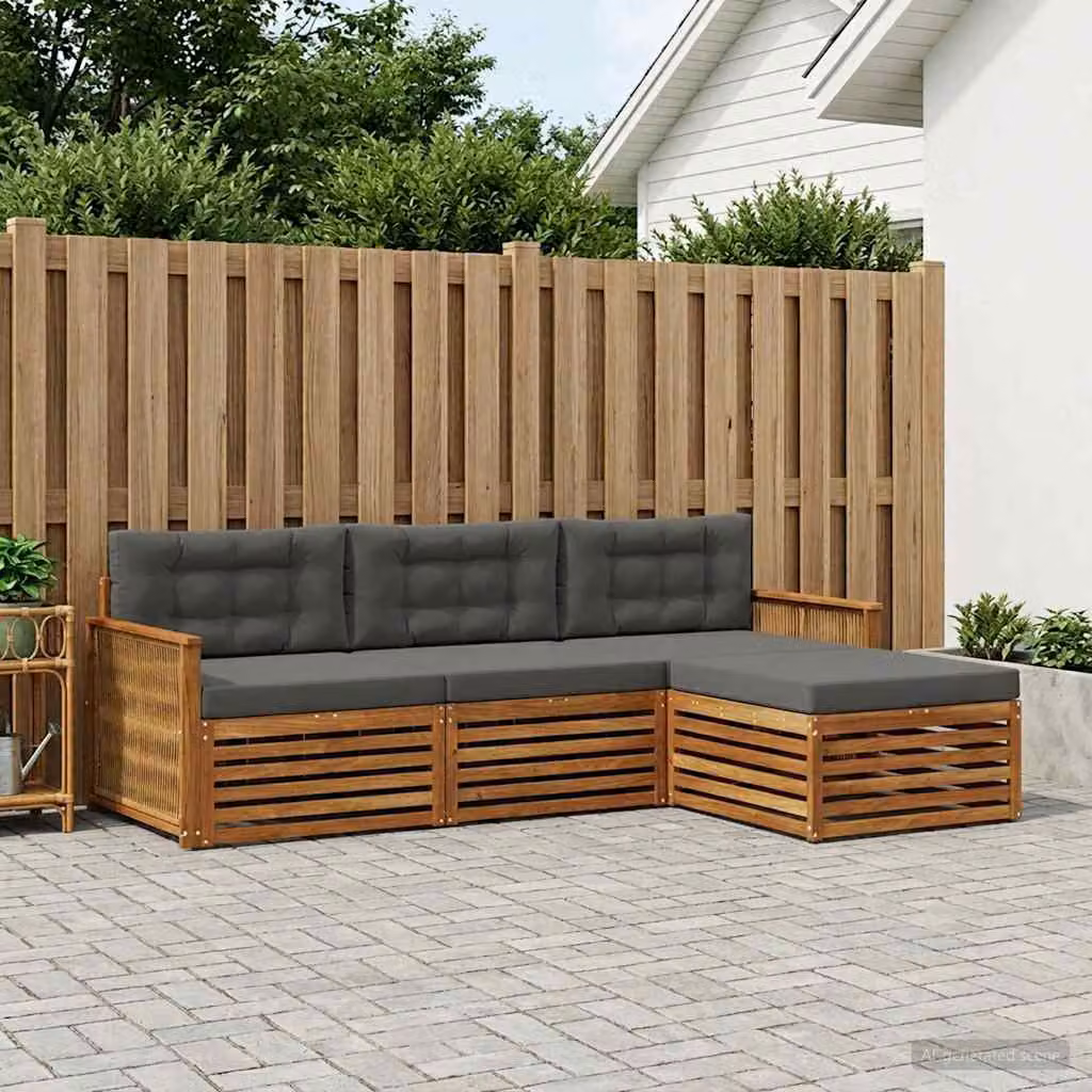 Set di divani da esterno vidaXL a forma di L in legno di acacia con pouf e cuscini, colore marrone, beige e antracite