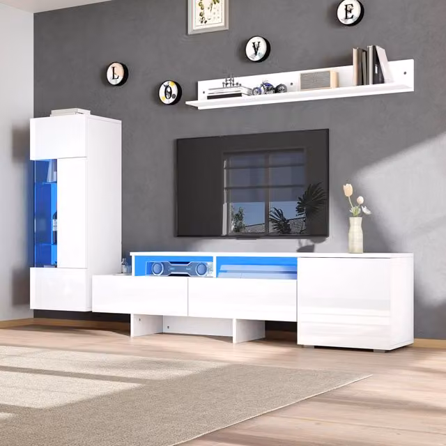 Parete attrezzata TV 3 pezzi con illuminazione LED in pannello truciolare; vetro e acrilico bianca