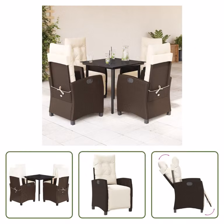 The Living Store Set da pranzo da giardino 5 pezzi con cuscini in polirattan marrone