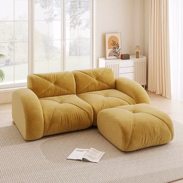 Divano modulare con pouf in chenille giallo 204x171x76 cm