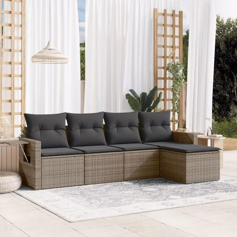vidaXL Set Divano da Giardino 5 pz a L in Polyrattan Grigio con Cuscini Imbottiti e Coperture Rimosse