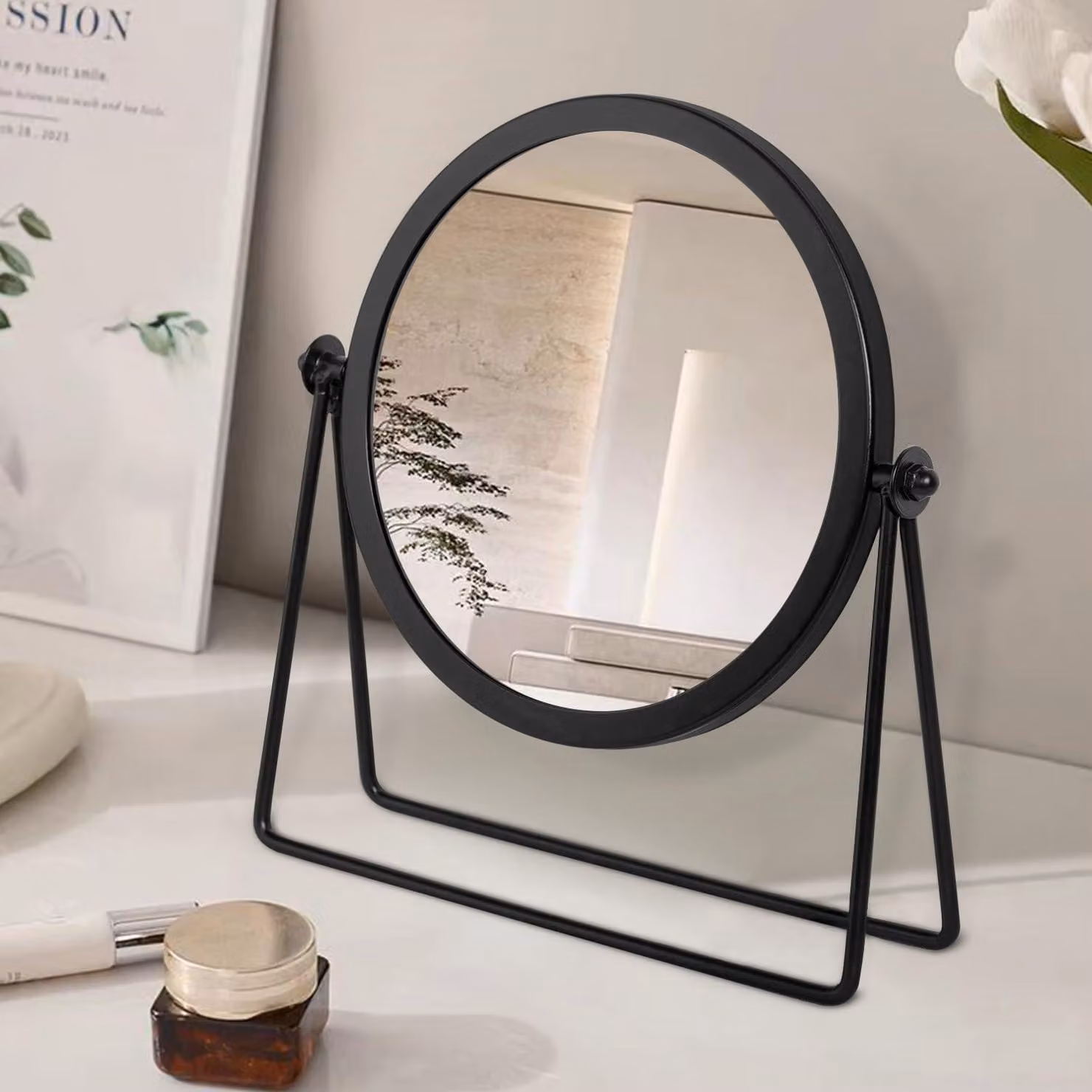 Specchio rotondo da tavolo, diametro 20 cm, girevole a 360°, cornice in metallo, colore nero
