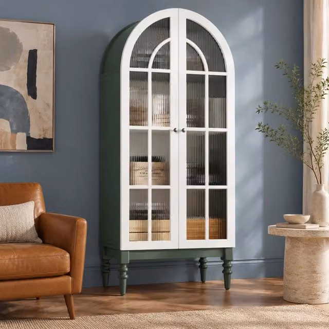 Vetrina ad arco 76x38;5x165 cm con ante in vetro rigato; MDF verde scuro