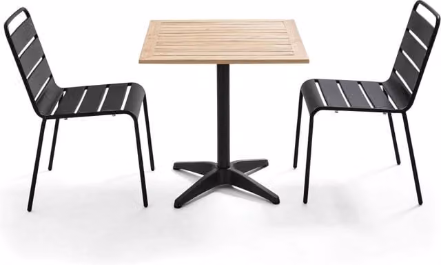 Oviala - Tavolo da giardino in legno e 2 sedie in metallo grigio