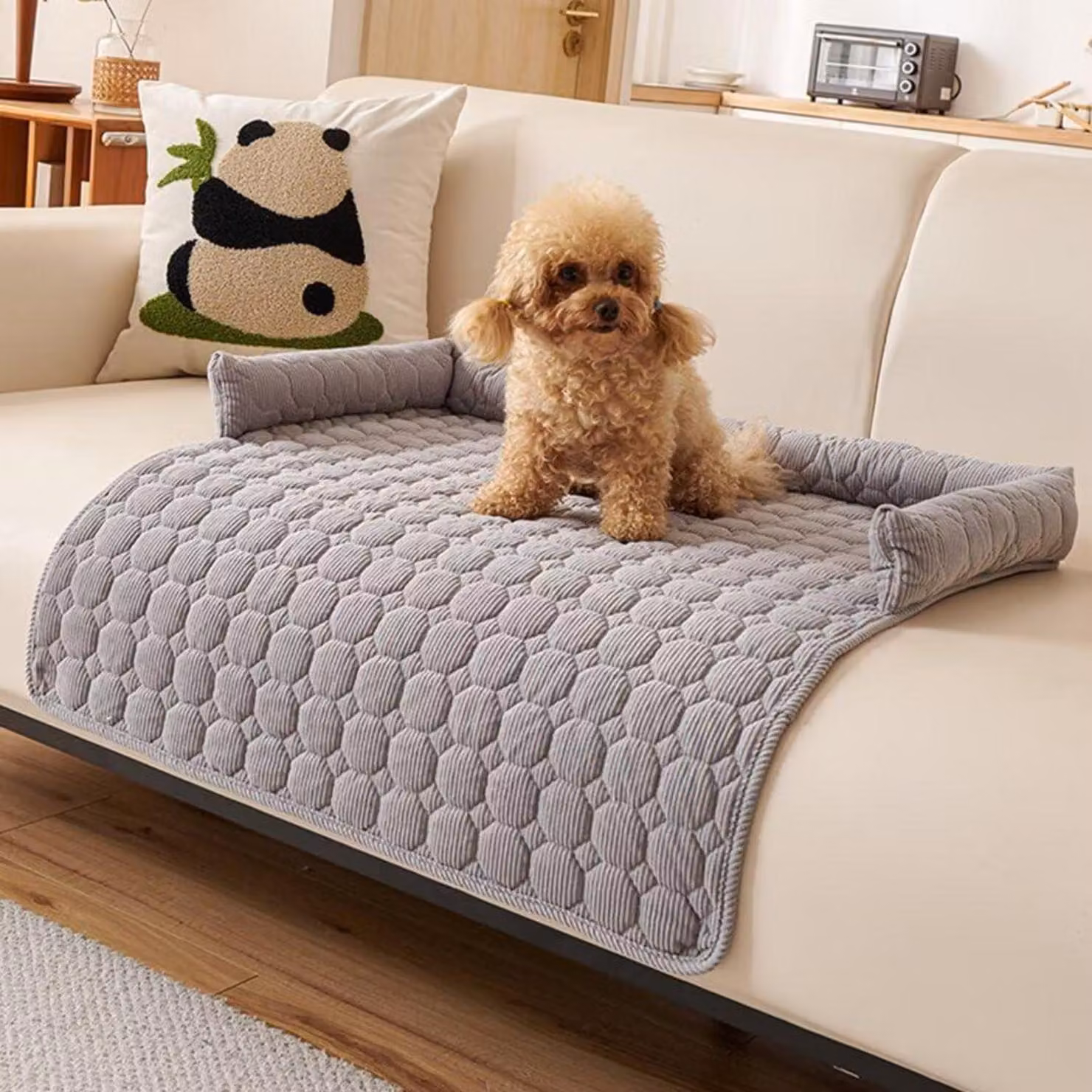 Cuccia per cani a forma di divano con bordo, lavabile, morbida, antiscivolo, color grigio chiaro, 75x75 cm