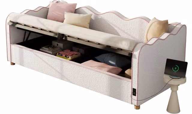 Letto singolo 90x200 cm con contenitore idraulico, rivestimento bouclé beige, con USB e schienale imbottito