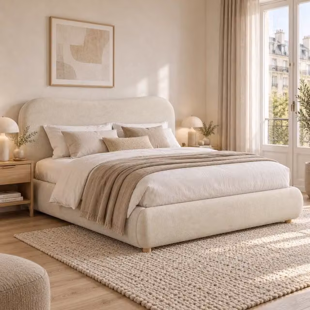 Letto contenitore 160 x 200 cm con contenitore idraulico, letto matrimoniale imbottito in ciniglia beige con testiera spessa e piedi in legno massello