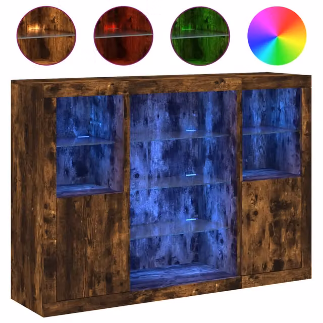 Credenze con Luci LED 3 pz | Madia | Buffet da pranzo | Armadio da pranzo Rovere Fumo in Legno Multistrato
