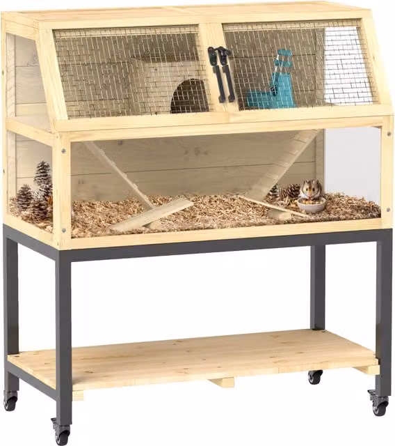 Casetta per Criceti zephmum con Cassetto, Ruote, Rampe e Accessori in Legno di Abete, Colore Marrone e Beige, H 101 x L 87 x P 43 cm