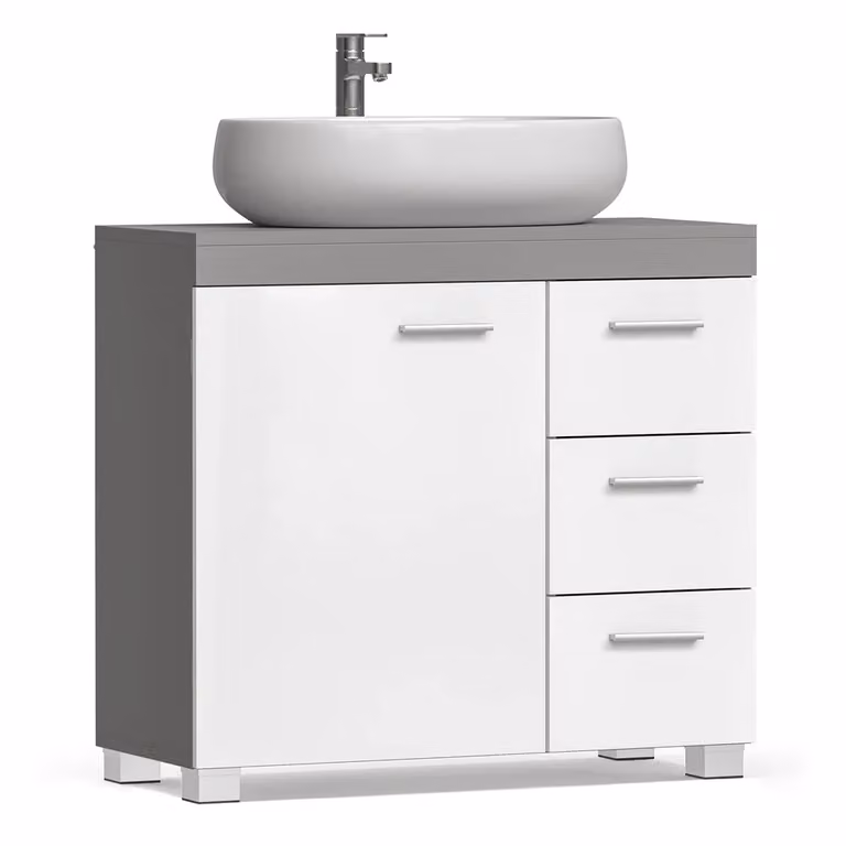 Mobile Sottolavabo per Bagno Bianco e Grigio, Bianco + Grigio Cemento