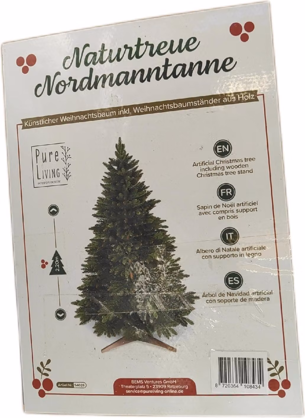 Pure Living albero di Natale artificiale 220Cm naturale denso rami Stand di legno Borsa di stoccaggio Albero di Natale Artificiale