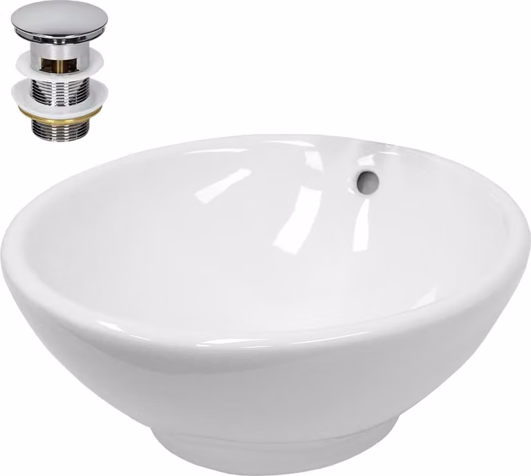 Lavabo LuxeBath Lavabo da appoggio rotondo, Ø 42x17 cm, bianco, in Vetroceramica, incl. set di scarico con troppopieno