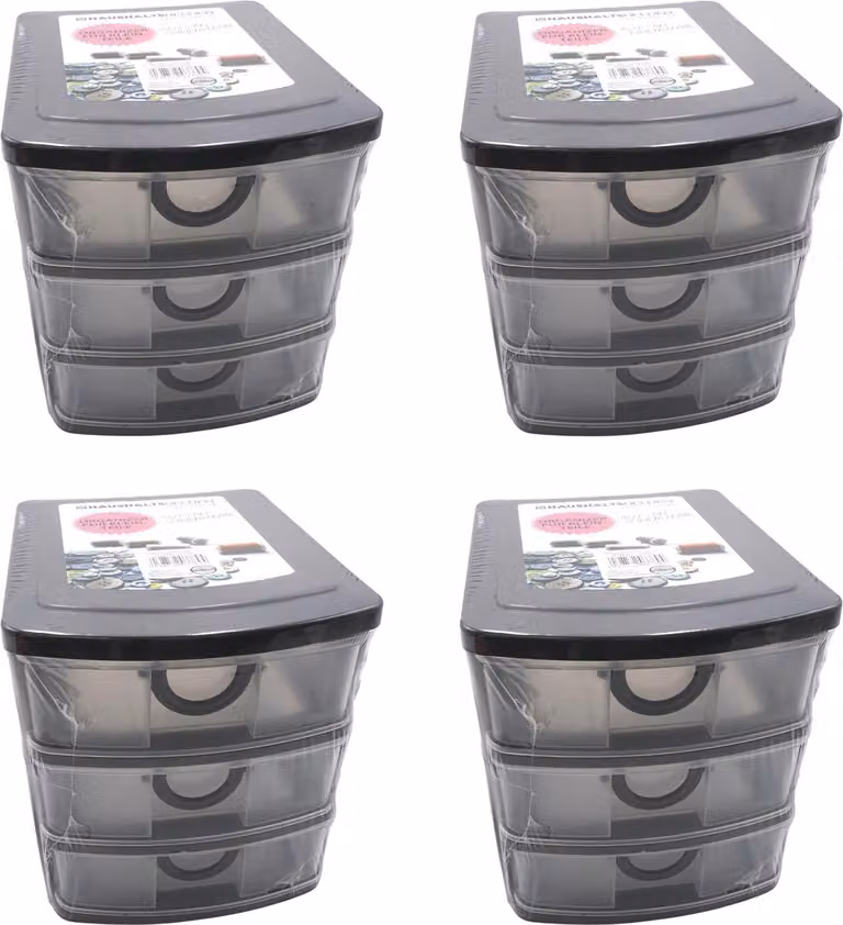 Set da 4 contenitori a cassetti in plastica 19 x 14,5 x 16 cm, 3 cassetti, organizer impilabile, contenitore per oggetti vari