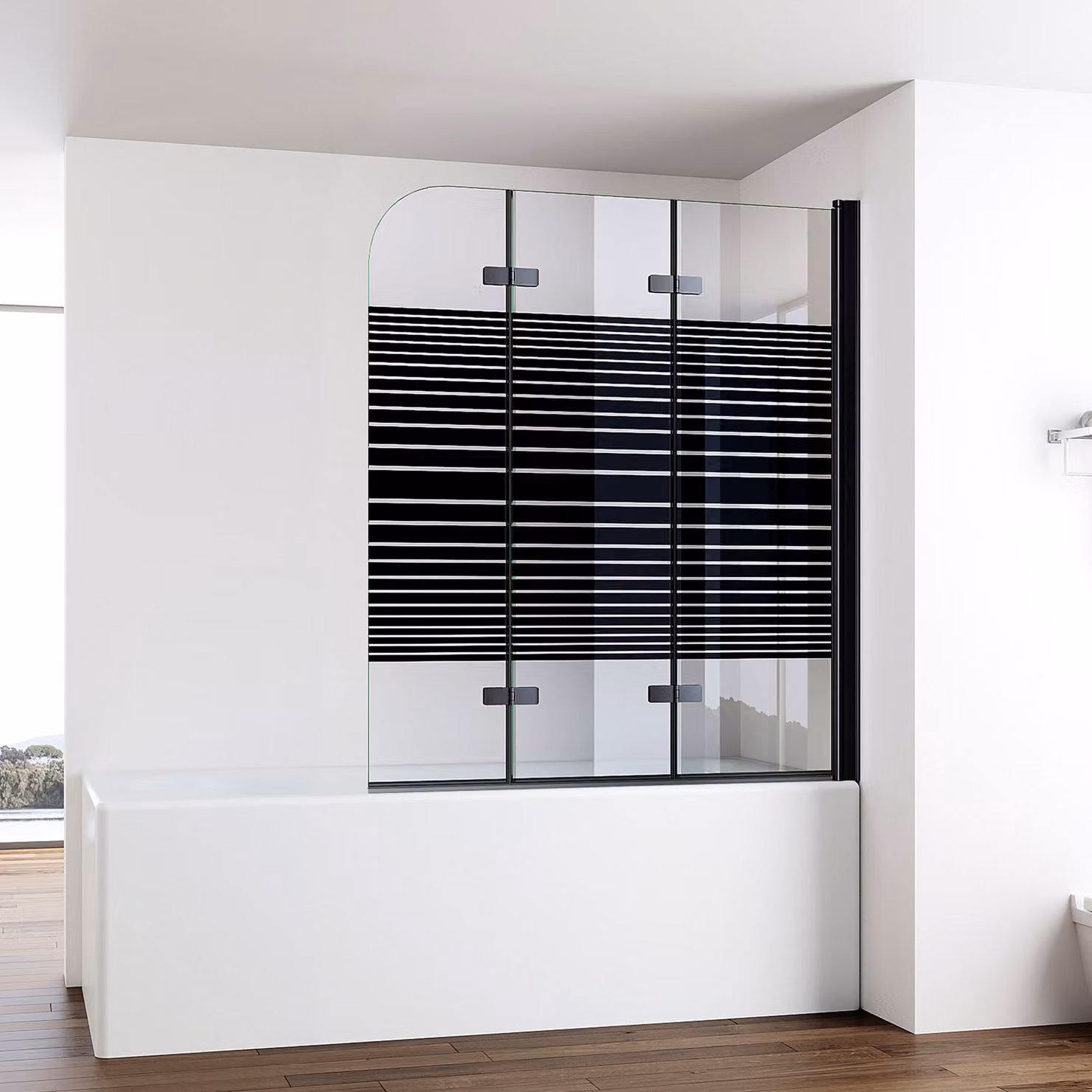 Schermo doccia IMPTS per vasca da bagno 140x140cm Schermo pieghevole in 3 pezzi per vasca da bagno Cabina doccia pieghevole 6 mm ESG GLASS Schermo pieghevole per vasca da bagno Nero, a righe