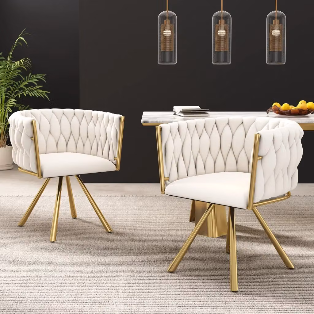 Sedia girevole 360° REDOM in velluto beige e metallo oro con braccioli per cucina e sala da pranzo – 2