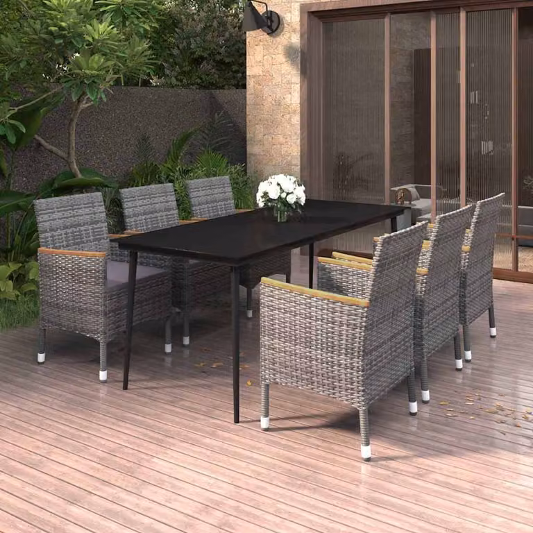 Set da pranzo da giardino vidaXL in polyrattan e vetro con 7 pezzi e cuscini, colore grigio e nero