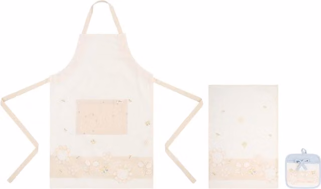 Set Thun composto da presina, strofinaccio e grembiule in cotone bianco con fantasia floreale per adulti
