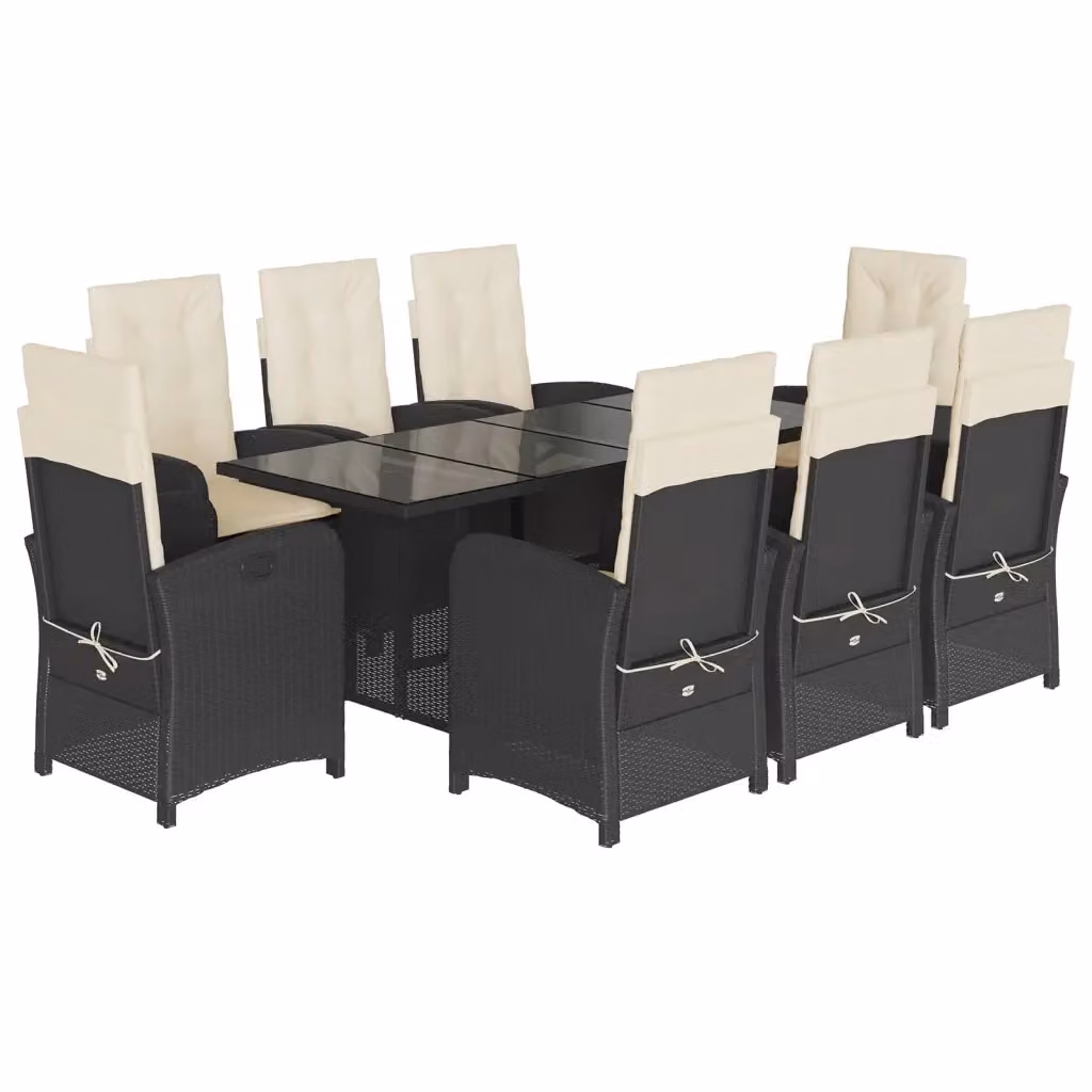 Set da Pranzo da Giardino vidaXL in Polyrattan Nero con Cuscini e Tavolo in Vetro, 9 Pezzi – 2