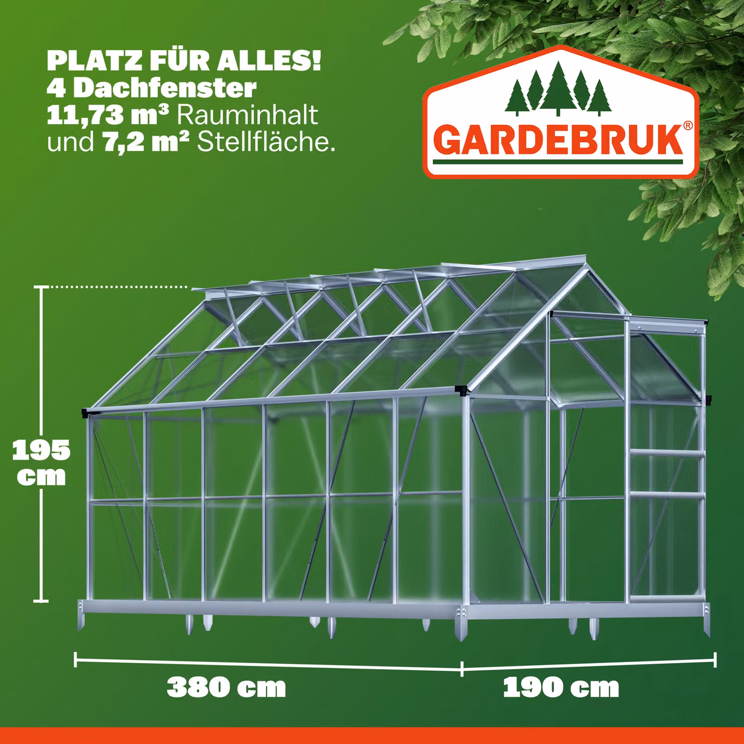 Serra da giardino Gardebruk con fondamenta in acciaio zincato e struttura in alluminio argento, pareti in policarbonato e finestre scorrevoli, L/P/H: 380 x 190 x 195 cm – 2