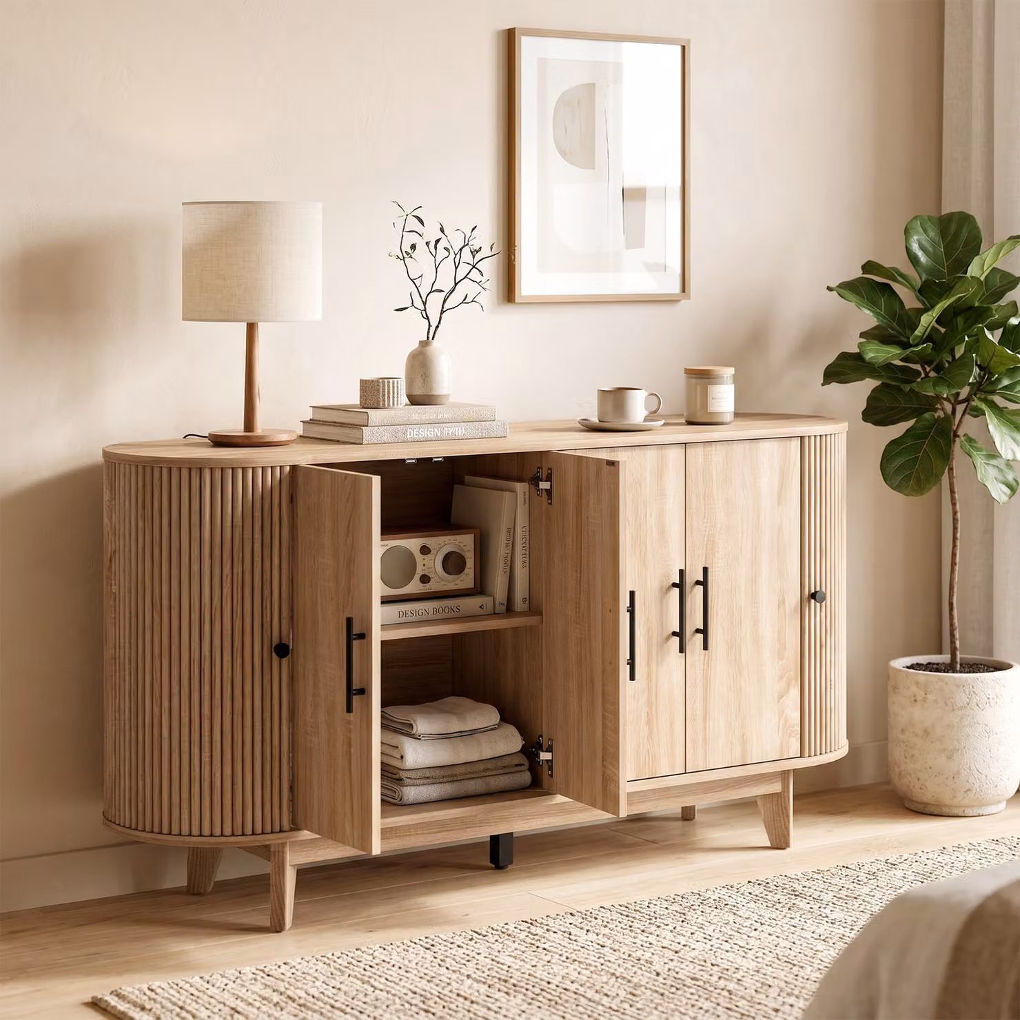 Credenza da cucina e buffet moderno HOMCOM in rovere con 4 ante e 2 ripiani regolabili, L: 147 cm, P: 40 cm, H: 76 cm – 2