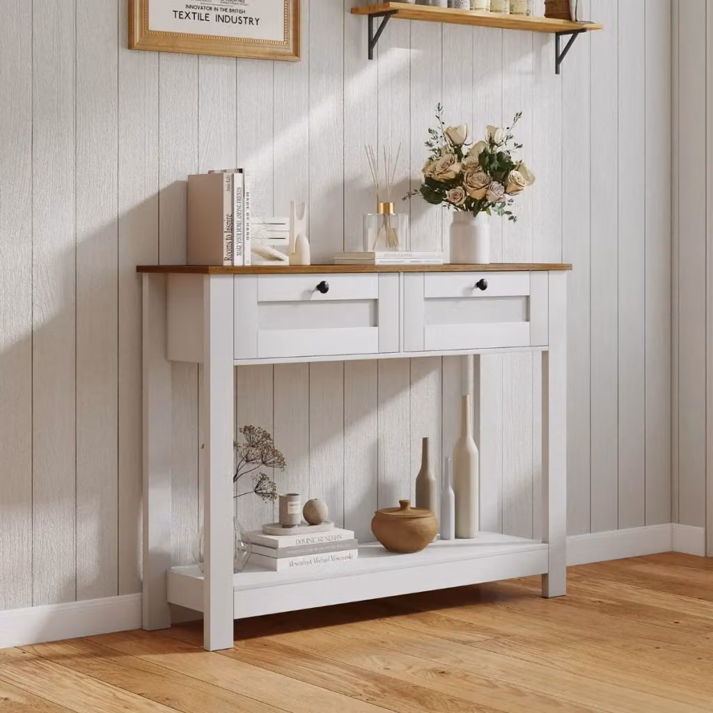Tavolo consolle DESIGN IN in stile rustico con 2 cassetti e ripiano aperto, Bianco/Beige, L: 106 cm, P: 30 cm, H: 81,5 cm – 2
