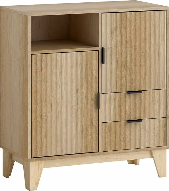 Buffet soggiorno HOMCOM in legno naturale con 2 porte cannelate, 2 cassetti soft-close e ripiano regolabile, L: 80 cm, P: 40 cm, H: 90 cm