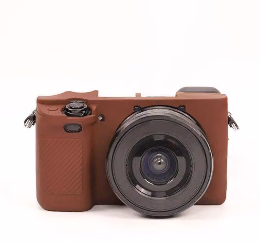 Custodia in silicone per fotocamere Sony Alpha, marrone, morbida.