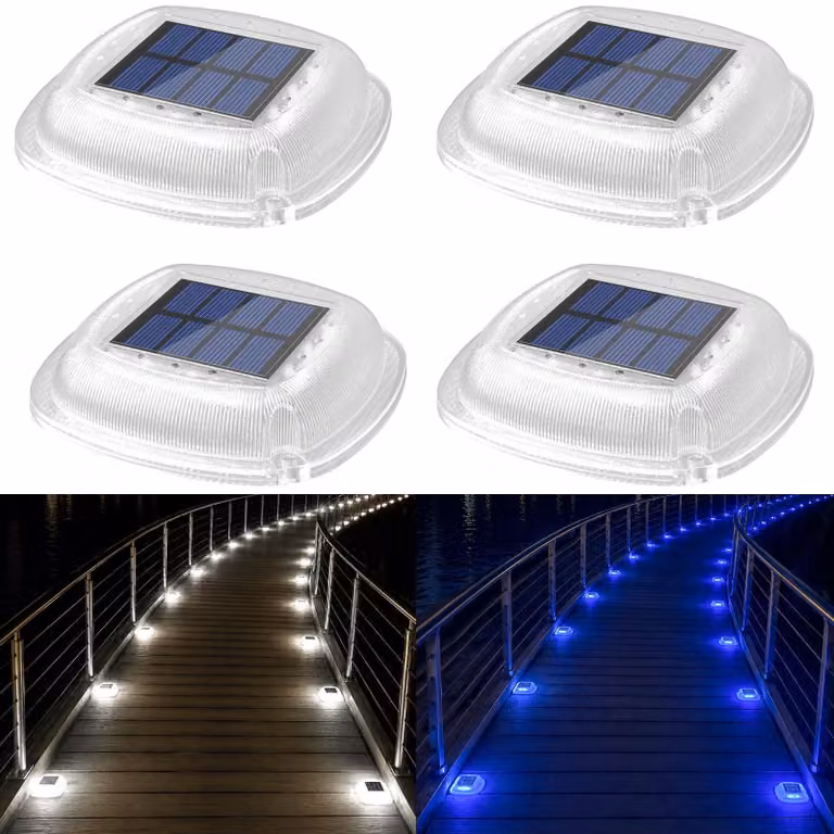 4 luci solari quadrate, 2 colori, grado di protezione IP66, batteria da 1000 mAh, autonomia di 16 ore