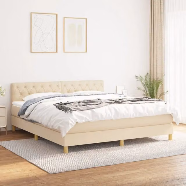 Letto Ibrido vidaXL con Giroletto a Molle e Materasso in Tessuto Beige e Bianco L/P/H: 160 x 200 x 88 cm