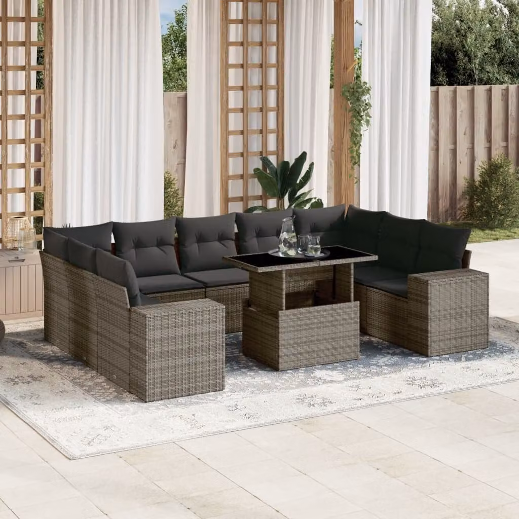vidaXL Set Divano da Giardino 10 pz a Forma a L in Polyrattan Grigio con Cuscini e Tavolino – 1