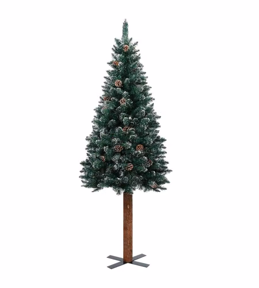 Albero di Natale sottile vidaXL in legno vero con neve, Verde e Bianco, Altezza: 150 cm – 2