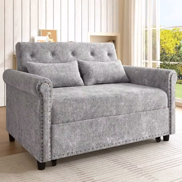 Divano letto 2 posti grigio 170x98 cm in ciniglia, schienale regolabile