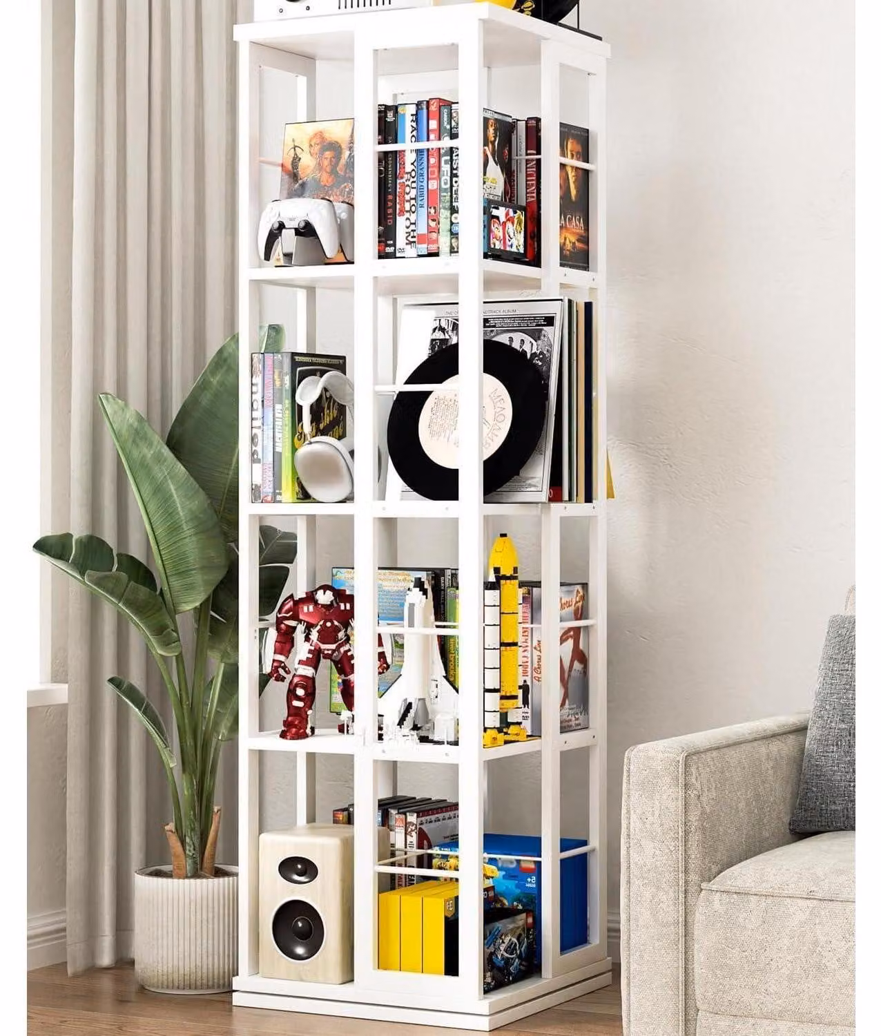 Libreria angolare girevole, legno, 4 ripiani, bianca, 40x40x137 cm