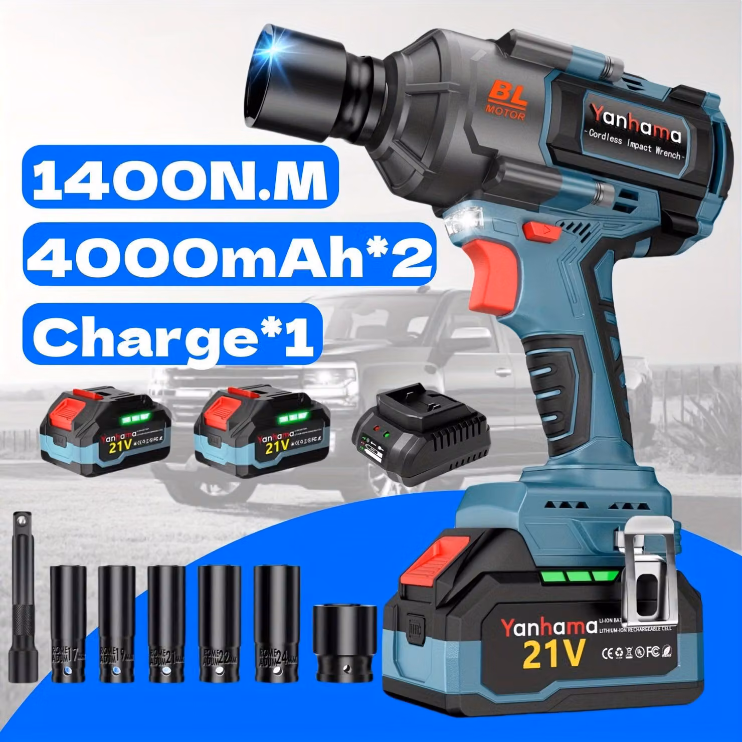 Chiave per bulloni Accu - 1400 Nm - 21 V - Senza spazzole - 3 velocità - Batteria doppia - Illuminazione a LED - Metallo