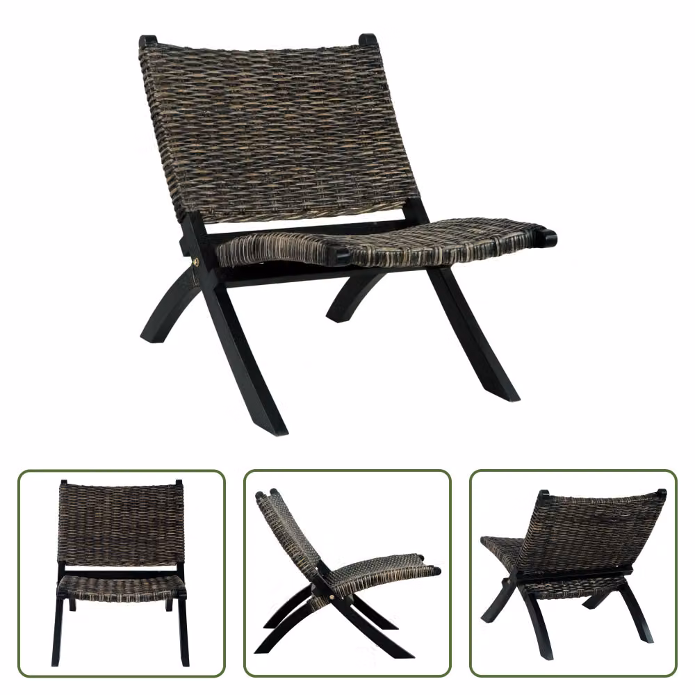 The Living Store Sedia relax nera in rattan naturale Kubu e legno massiccio di mogano