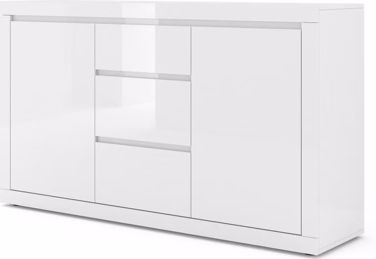 Cassettiera Bello Bianco III 150 cm Credenza Mobile Due ripiani, TRE cassetti Italiano bianco opaco/bianco lucido